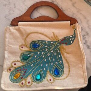 Gemstone embroidered Peacock canvas handbag w/wooden handles